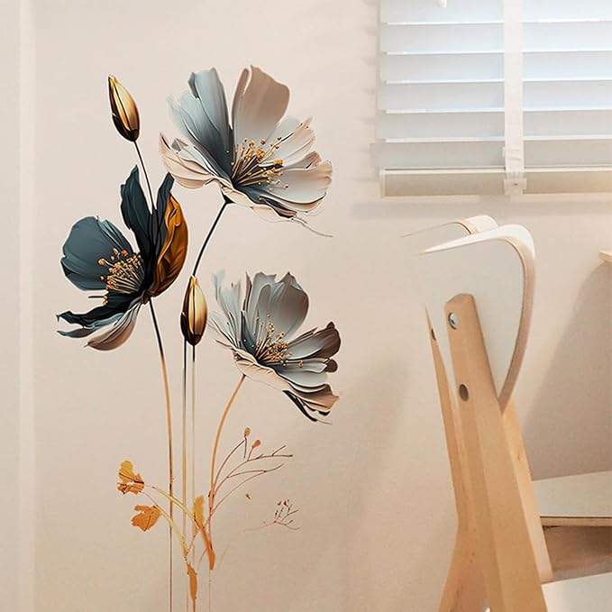 Gold Wall Decals 3D Flower Wall Sticker, Classical Plum Blossom Flower Decals Peel and Stick 3D Wall Art Murals for Girls Bedroom Nursery Living Room TV Home Decor