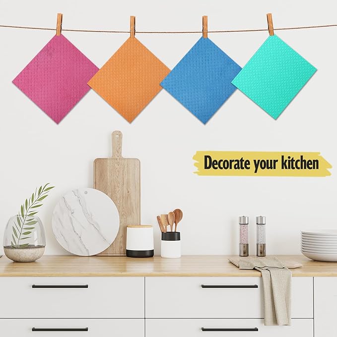 Swedish Dishcloths for Kitchen | 6 Pack Absorbent Cellulose Sponge Cloths Washable | Non-Scratch Reusable Paper Towels Quick Drying Cleaning Cloths - Blue