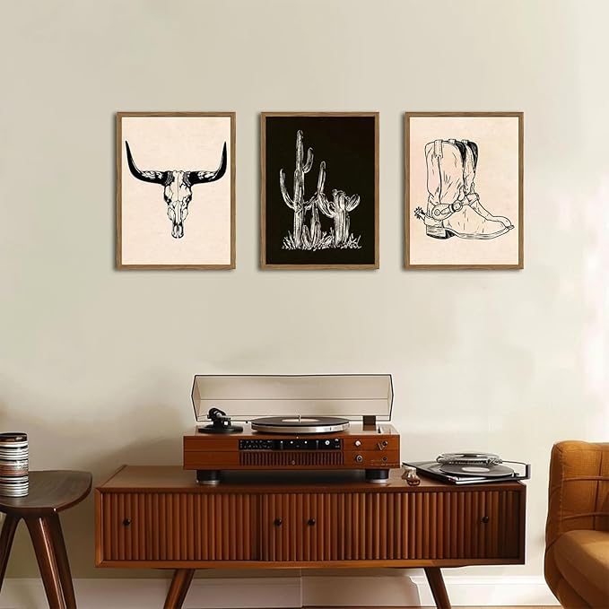 Vintage Western Wall Art Set of 3, Southwestern Cowboy Wall Decor Paintings, Black and White Longhorn Bull Skull Canvas Prints for Bedroom Living Room 16x24 inch Wood Framed