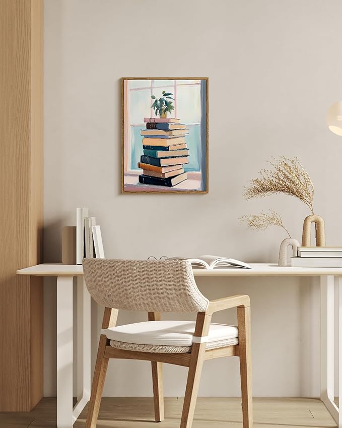 Back to School Wall Art Green Potted Plant on Vintage Book Stack 12x16 Framed, Study Room College Dorm Classroom Educational Canvas Print, Library Bookish Aesthetic Cozy Reading Corner Decor