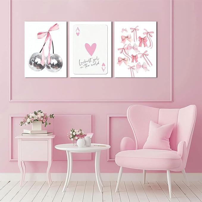Trendy Pink Bows Wall Art Set of 3 Coquette Preppy Cherry Wall Decor Trendy Disco Ball Canvas Posters Prints Girly Aesthetic for College Apartment Living Room Bedroom Framed 12x16 In