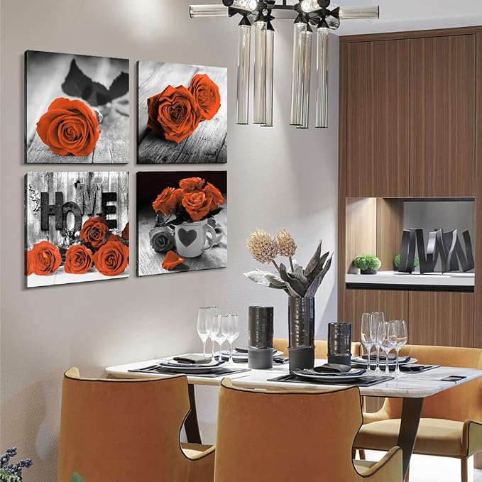Farmhouse Flower Wall Art Burnt Orange Rose Pictures for Living Room Couple Bedroom Wall Decor Rustic Nature Paintings Black and White Floral Posters Canvas Prints Kitchen Home Decorations 16x16” 4Pcs