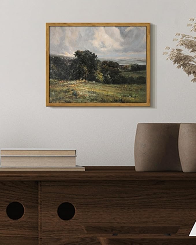 SHENIFY Vintage Landscape Framed Wall Art Rustic Countryside Meadow Farmhouse Decor Retro Vast Grassland Painting for Kitchen Living Room Bedroom Bathroom - 8x10in Natural Framed