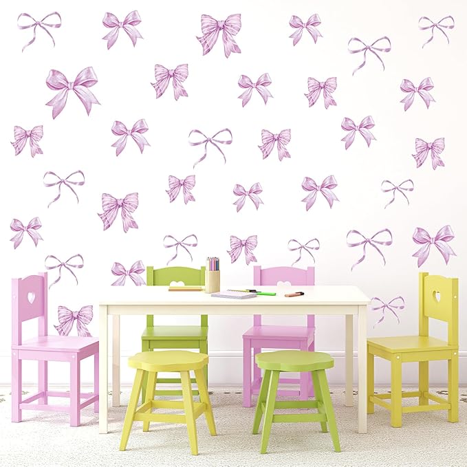 Whaline 12 Sheets Light Purple Bow Wall Stickers Watercolor Bowknot Wall Decals Room Mural Stickers for Coquette Birthday Party Home Nursery Decor, 7.9 x 11.8 Inch