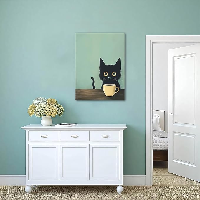 Yaneiro Framed Fun Black Cat Wall Art Abstract Drinking Coffee Picture Cute Retro Black Cat Wall Decor Canvas Poster Print Suitable for Cafe Bar Living Room Restaurant Bedroom 16x24 Inch