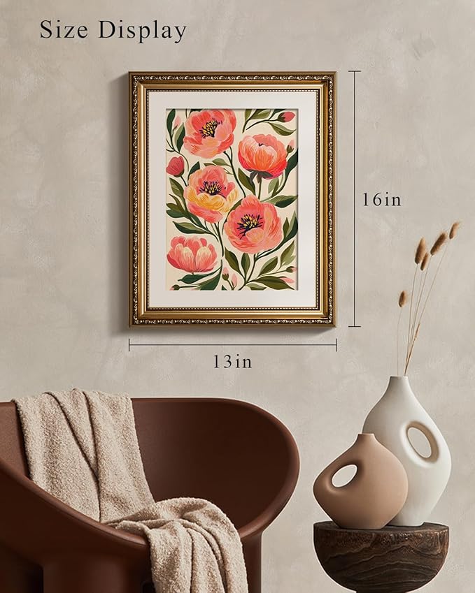 VIYYIEA Gold Framed Peony Floral Wall Art, Elegant Pink Flower Canvas Painting for Living Room Bedroom Decor | Lightweight No Glass Design, Classic Ornate Golden Border | 13x16 Inch