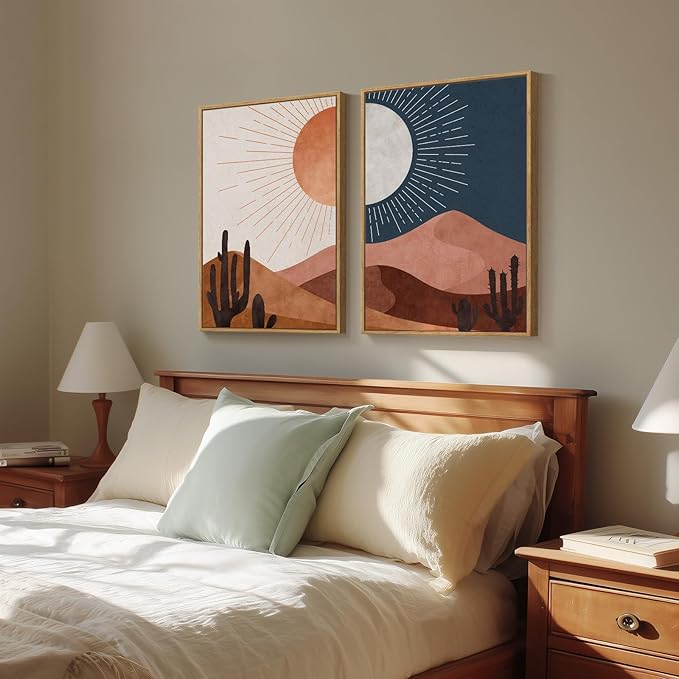 Large Framed Boho Desert Wall Art for Living Room, Set of 2 Sun and Moon Cactus Landscape Artwork, Mid Century Modern Bohemian Paintings Prints for Bedroom Home Office Hallway Wall Decor, 24x36 Inch