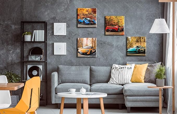 DJSYLIFE Car Posters Boys Room Decor Wall Art Giclee Canvas Prints Autumn Landscape Red Sport Car Pictures Modern Artwork for Bedroom Home Decorations Painting 12x12 inchesx4 Framed Ready to Hang