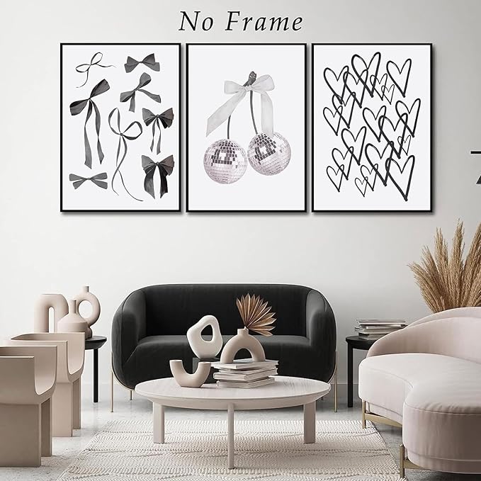 3pcs Black and White Trendy Preppy Wall Art Bows Disco Ball Many Heart Girly Coquette Room Wall Pictures Painting Minimalist Canvas Poster Prints for Girls Bedroom College Dorm Decor16x24in