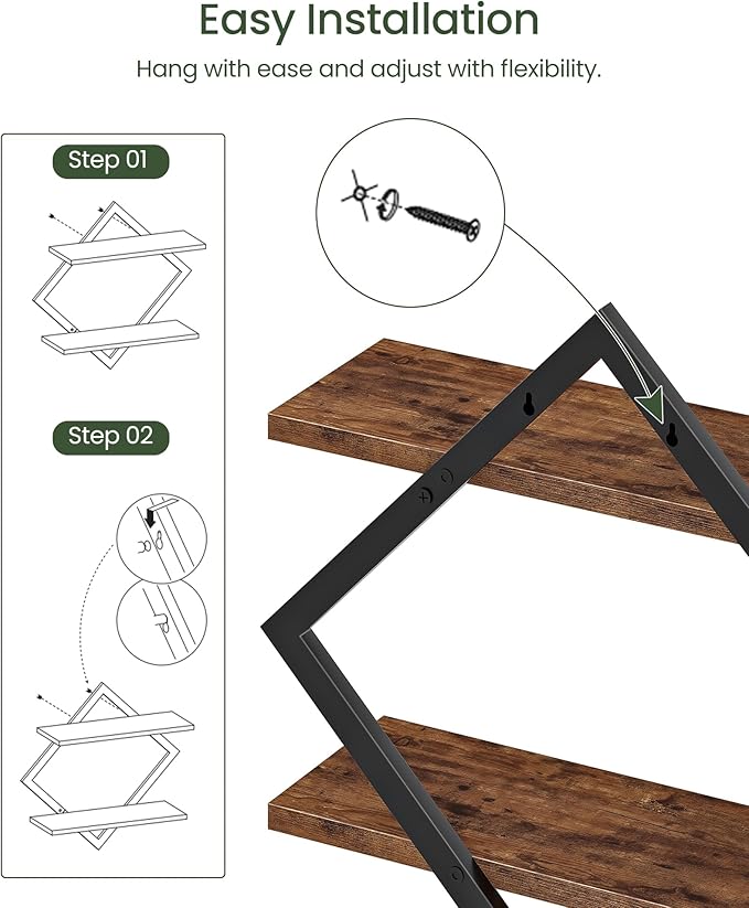 Floating Shelves, Set of 2 Wall Shelves, 2-Tier Hanging Shelves, Wall Shelf Set of 2, Wall Mounted Shelves, for Living Room, Bedroom, Kitchen, Office, Study, Rustic Brown TBJ01P2BF
