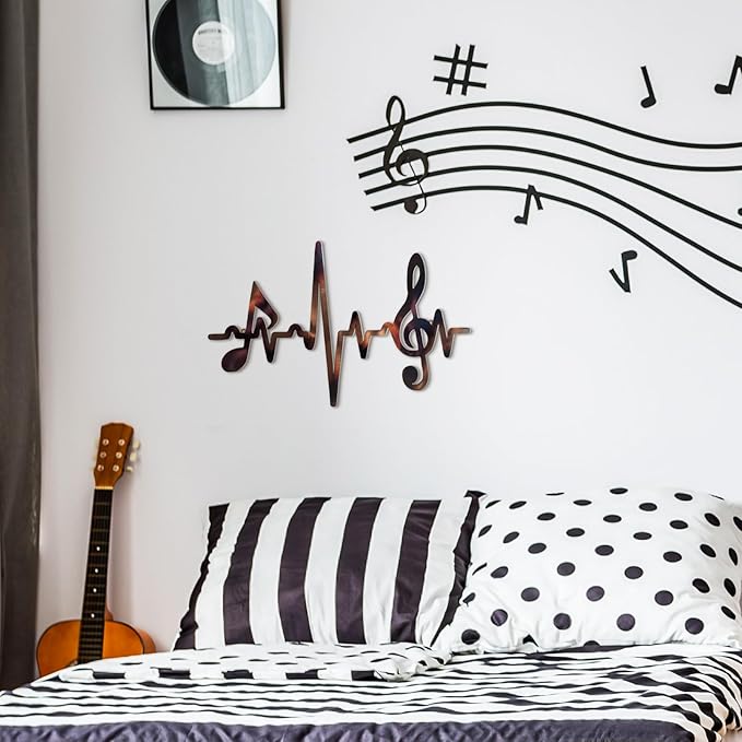 Blulu Metal Music Notes Wall Decor Sign Vintage Musical Heartbeat Wall Art Hanging Note Sign Treble Clef Decorations for Studio Bedroom Gallery Bar Birthday Party 15.75 x 9.04 Inches(Retro)