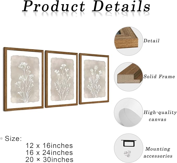 JLTULT 3 Piece Boho Beige Floral Wall Art, Minimalist Line Botanical Flower Wall Decor, Vintage Rustic Wildflower Art Prints for Living Room Bedroom Office Farmhouse decoration 20x30 in Ready to Hang