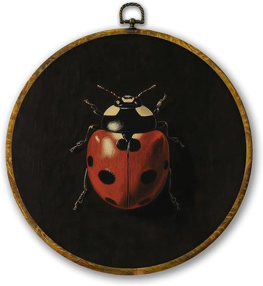 Mcehtle Moody Ladybug Wall Art Decor, Vintage Dark Academia Nature Insect Framed Canvas Prints 10x10, Minimalist Botanical Bug Round Wall Hanging Artwork Decorations for Bedroom Gallery