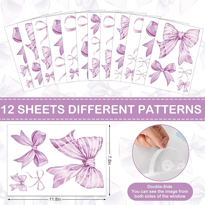 Whaline 12 Sheets Light Purple Bow Wall Stickers Watercolor Bowknot Wall Decals Room Mural Stickers for Coquette Birthday Party Home Nursery Decor, 7.9 x 11.8 Inch