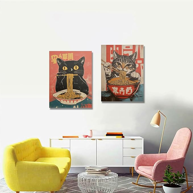Framed Funny Black Cat Canvas Wall Art Set of 2, Vintage Japanese Cat Eating Ramen Poster, Unique Gifts and Animal Lover Printing Picture for Living Room Kitchen Dining Room Wall Decor 12x16in