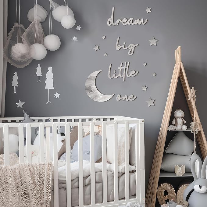 15 Pcs Moon and Stars Nursery Decor Dream Big Little One Wall Decor Boho Neutral Babyroom Wall Art Nursery Sign for Boys Girls Bedroom Home Farmhouse Living Playroom(Gray)