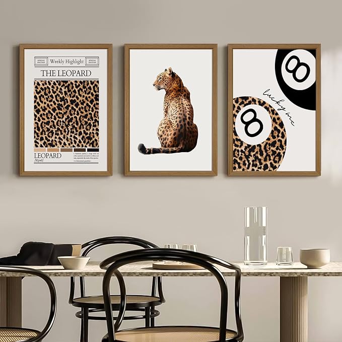 Trendy Leopard Wall Art Cheetah Print Canvas Wall Decor 8 Ball Poster Preppy Room Aesthetic Pictures Funky Coquette Vintage Prints Y2k Fashion Lucky Posters for Bedroom 16x24x3 Inch Framed