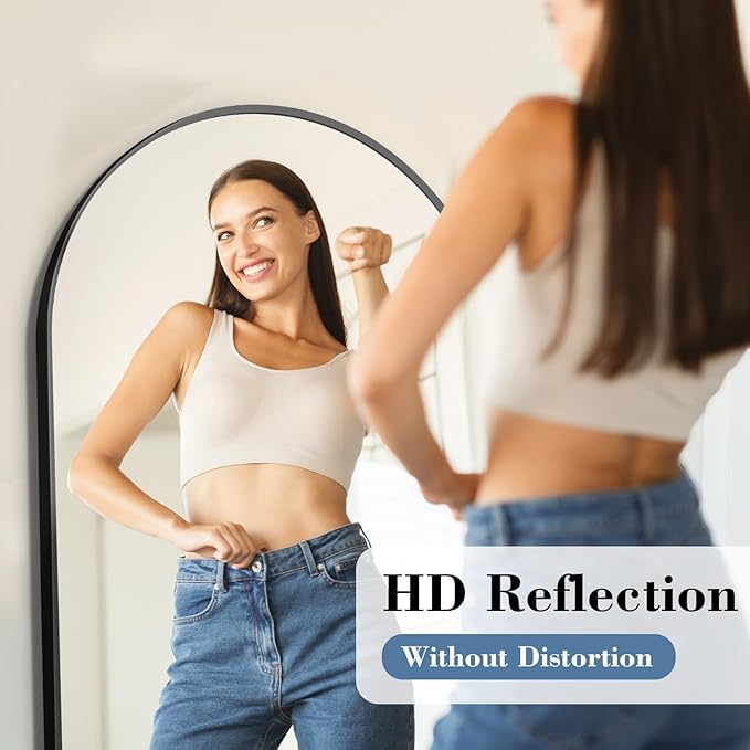 DUMOS Arched Full Length Mirror with Stand Floor Standing Aluminum Frame for Bedroom Body Hanging Leaning Modern Simple Home Decor Shatter-Proorf Nano Glass Wall Living Room Cloakroom Black 56"x15"
