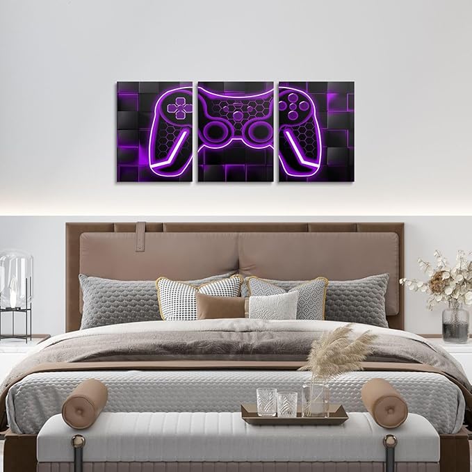 Feelyou Gamer Canvas Wall Art for Living Room 12"x16" 3 Piece Purple and Black Picture Wall Decor Gaming Ombre Office Wall Decorations Artwork Posters Geometric Square Wall Painting