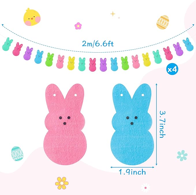 WATINC 4pcs Easter Peeps Bunny Garland Decoration, Colorful Felt Rabbit Hanging Bunting Reusable Ornament Spring Party Banner Favors Supplies, Happy Easter Day Home Decor for Mantle Fireplace Wall