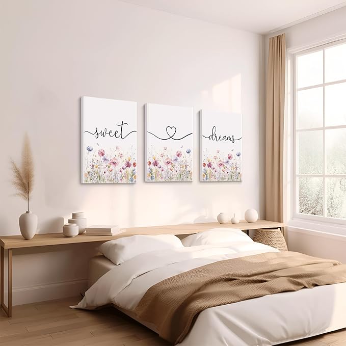 Bedroom Wall Art Decor - Set of 3 Framed Farmhouse Sweet Dreams Sign 12’’x16’’ Above Bed Wall Decor for Bedroom Decor Wall Art Wood Signs (Multicolour, 12’’x16’’)