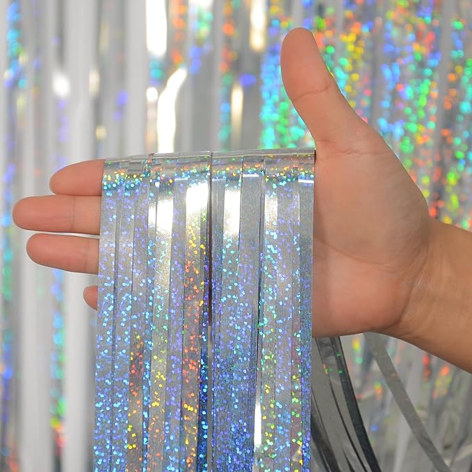 Foil Fringe Curtains New Years Eve Party Supplies 2026 - Melsan 3 Pack 3.2 x 8.2 ft Silver Tinsel Curtain Photo Backdrop for Birthday Party or Disco Party Decorations