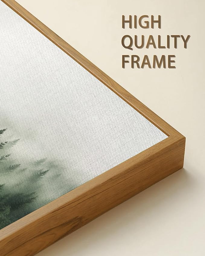 SHENIFY Green Fog Pine Tree Forest Vintage Framed Wall Art Modern Landscape Scenery Farmhouse Artwork Prints Decor for Hallway Living Room Bedroom Dining Room - 16x24in Natural Framed