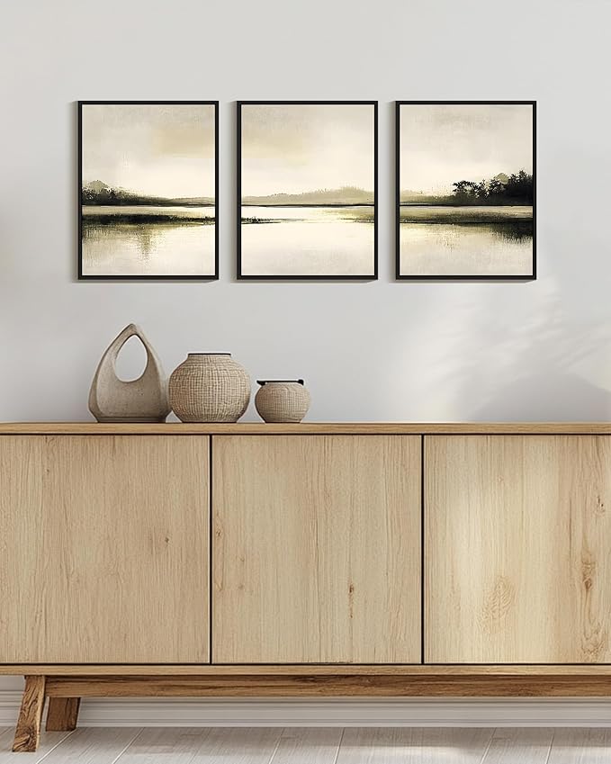 Drsoum Vintage Black Gray Abstract Laker Landscape Wall Art Framed Brown Tan Neutral Prints Minimalist Modern Rustic Artwork Bedroom Living Room Ready to Hang 11x14in Black Framed