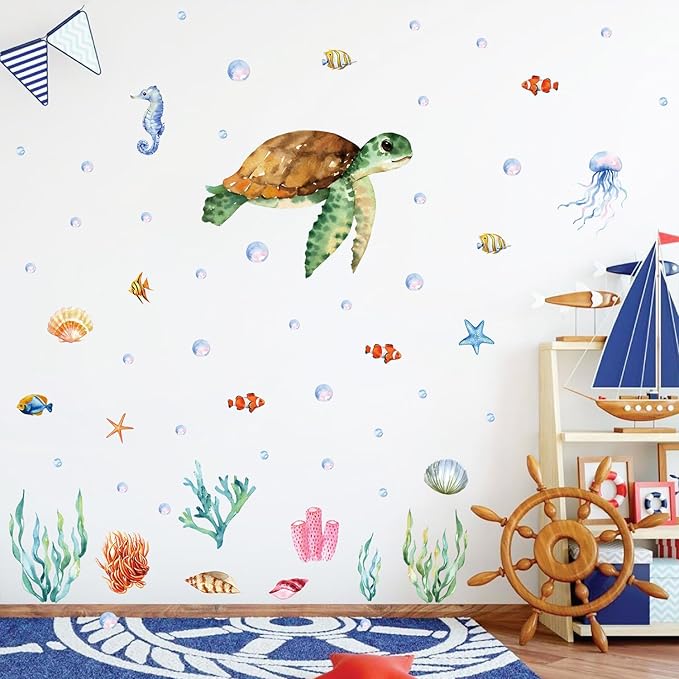 Large Summer Ocean Window Clings Decals, Watercolor Sea Turtle Jellyfish Bubbles Wall Stickers, Peel and Stick Ocean Anmial Wall Decor for Bedroom Bathroom Window School Nursery Decoration