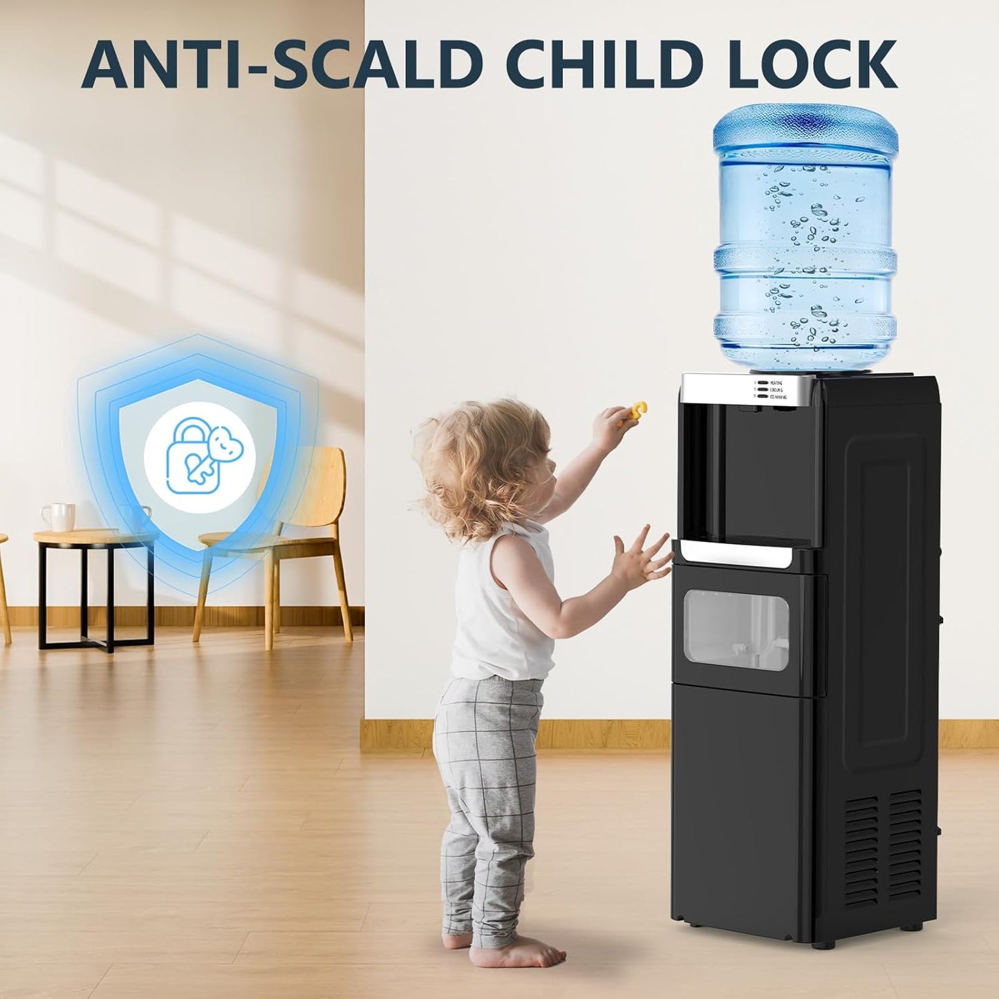 COWSAR 3-in-1 Water Cooler with Ice Maker, Hot & Cold Top Loading, Water Dispenser for 5 Gallon Bottle, 33LBS/24H Ice Maker with Child Safety Lock, Black