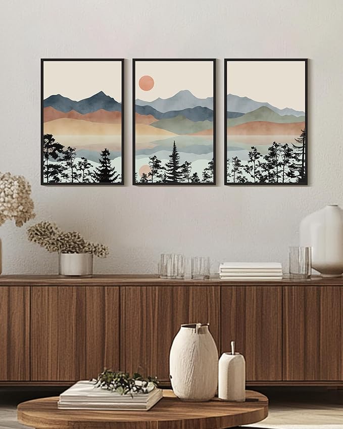 Drsoum Mountain Range Landscape Wall Art Framed Ink Wash Watercolor Nature Wall Decor Laker Sun Rises Prints Bedroom Living Room Ready to Hang 16x24in Black Framed