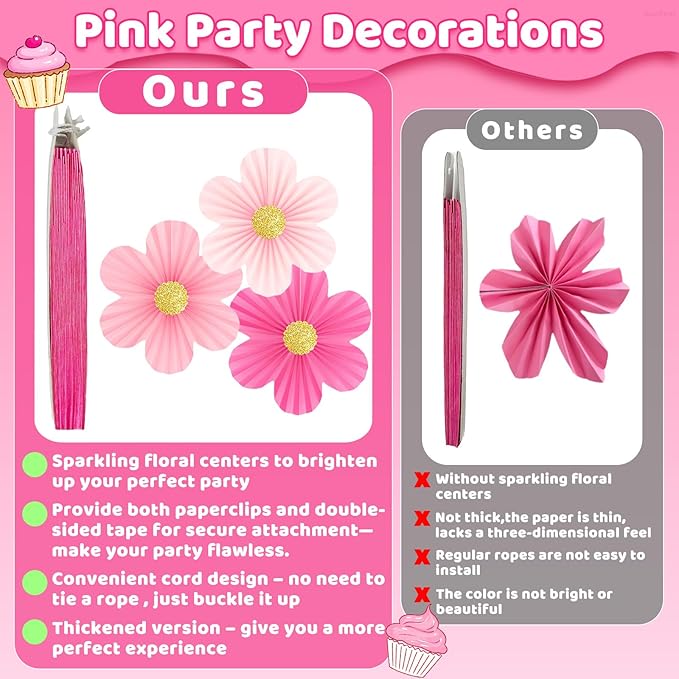 Pink Paper Flowers Decorations for Wall Hot Pink Birthday Decorations 9pcs with 9 Gold Glitter Floral Centers Paper Fans Floral Backdrop Flower Wall Decor for Classroom Wedding Baby Shower,Paper Guide