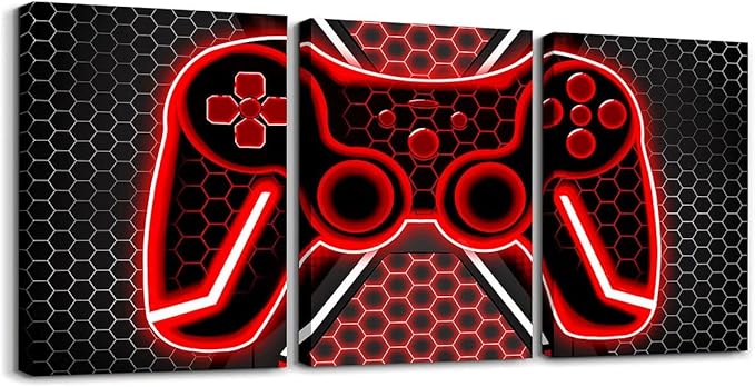 Feelyou Green and Black Picture Wall Decor 12" x 16" 3 Piece Gamer Canvas Wall Art for Living Room Bedroom for Kids Game Controller Bathroom Wall Art Honeycomb Wall Painting