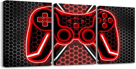 Feelyou Green and Black Picture Wall Decor 12" x 16" 3 Piece Gamer Canvas Wall Art for Living Room Bedroom for Kids Game Controller Bathroom Wall Art Honeycomb Wall Painting