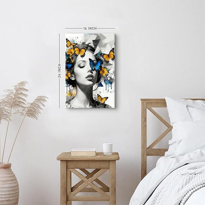 Women Portrait Wall Art Blue Yellow Butterfly Paintings Picture Abstract Black and White Women Wall Decor Aesthetic Minimalist Canvas Prints Artwork for Bedroom Bathroom Spa Home Decorations 16x24"