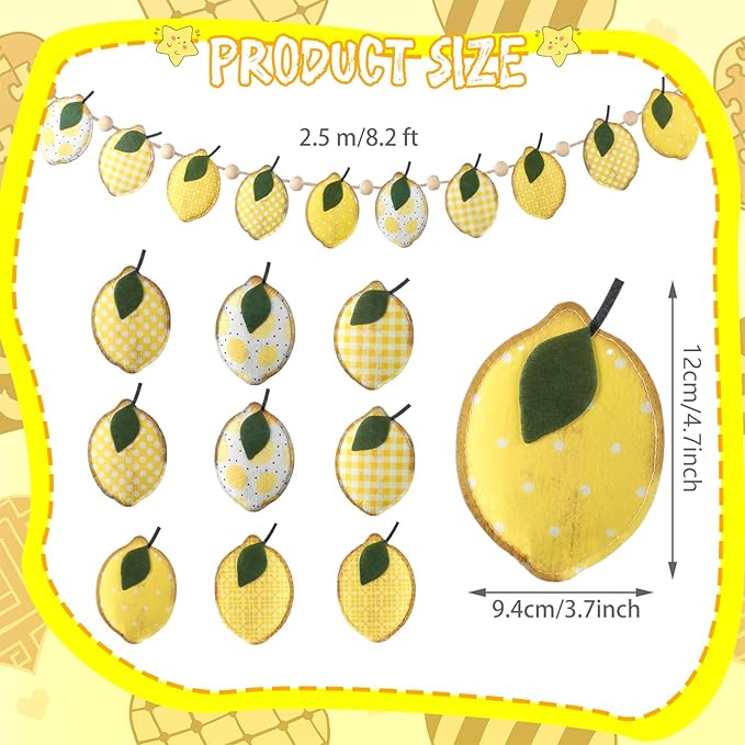 Lemon Felt Banner Garland Decor Vintage 3D Fruit Hanging Garland with Wooden Beads for Back to School Birthday Party Baby Shower DIY Home Wall Fireplace Decor