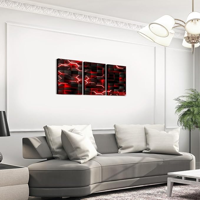 Feelyou Red and Black Picture Wall Decor 12"x16" 3 Piece Honeycomb Canvas Wall Art Decor Hexagon Theme Office Decorations Artwork Posters Geometrical Beehive Painting