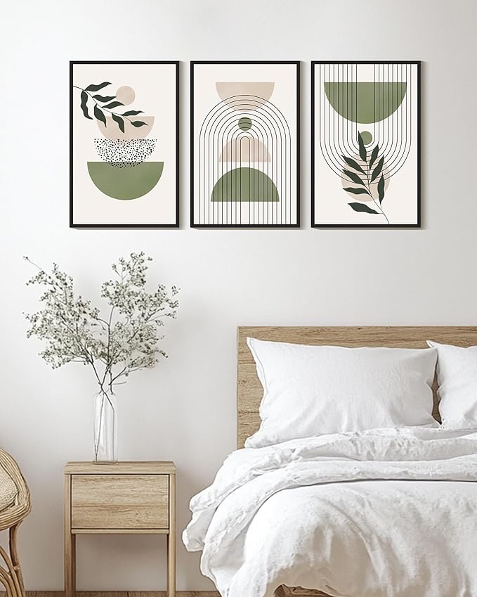 Drsoum Green Botanical Boho Wall Art Framed Modern Sage Bohemian Plant Wall Decor Abstract Geometry Lines Prints Ready to Hang 16x24in Black Framed