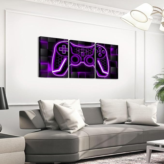 Feelyou Gamer Canvas Wall Art for Living Room 12"x16" 3 Piece Purple and Black Picture Wall Decor Gaming Ombre Office Wall Decorations Artwork Posters Geometric Square Wall Painting
