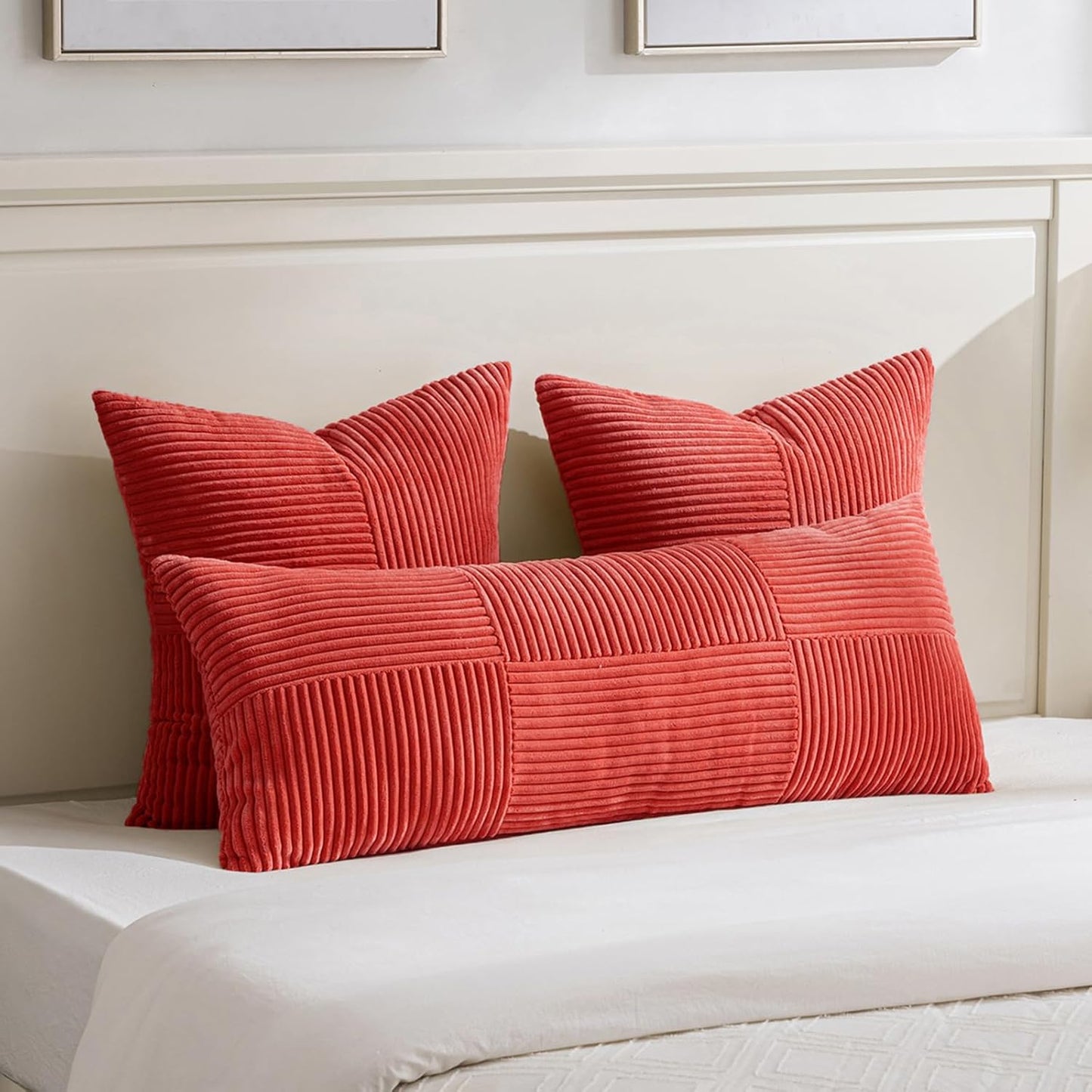Fancy Homi 2 Packs Red Euro Decorative Throw Pillow Covers 26x26 Inch for Couch Bed Sofa, Holiday Christmas Home Decor Gift, Soft Corss Corduroy Patchwork Textured Square Cushion Case 66x66 cm