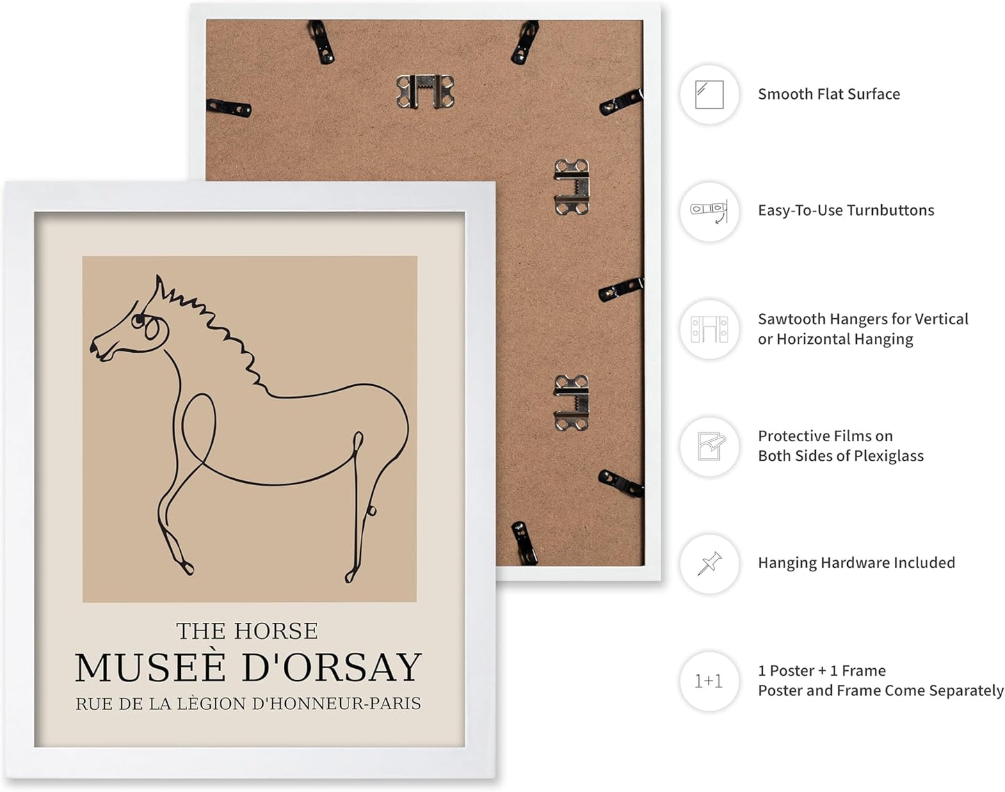 Poster Master Vintage Poster - Retro Minimalist Print - Gift for Artist, Friend - Horse, Line Drawing, Sketch, Abstract - Wall Decor for Living Room, Bedroom, 8x10 White Framed