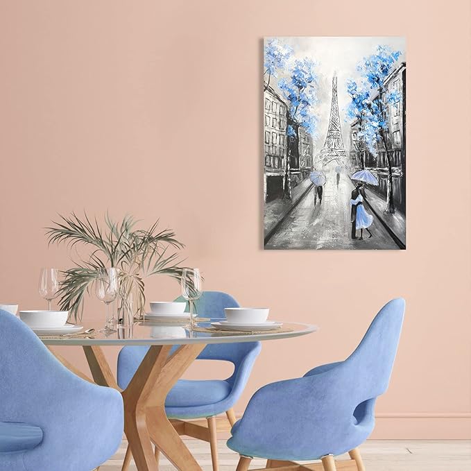 YPY Abstract Paris Canvas Wall Art: Black White Eiffel Tower Picture for Living Room Decor, Blue Grey Hand Painted Textured Oil Painting Large Modern Artwork Home Decoration 24 x 35