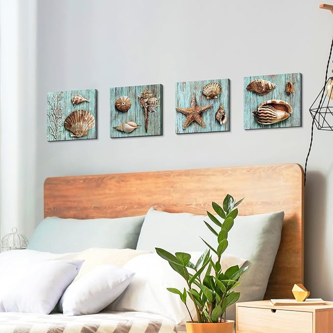 YOOOAHU Seashell Wall Art Vintage Coastal Wall Decor Nautical Bathroom Decor Rustic Beach Theme Pictures Teal Blue Ocean Starfish Canvas Paintings Posters Beachy Artwork Home Decorations 12x12 4 Pcs