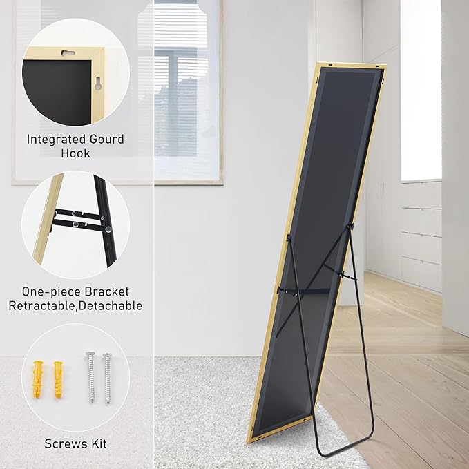 DUMOS Full Length Mirror with Stand Floor Standing Aluminum Frame for Bedroom Body Hanging Leaning Modern Simple Home Decor Shatter-Proorf Nano Glass Wall Living Room Cloakroom Light Gold 59"x16"