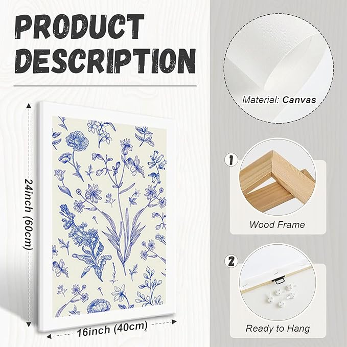 LYPHNX Framed Blue White Chinoiserie Floral Canvas Wall Art Navy Watercolor Flower Painting Posters Set of 3 Minimalist Botanical Wildflower Prints Picture Home Decor for Bedroom Living room 16"x24"