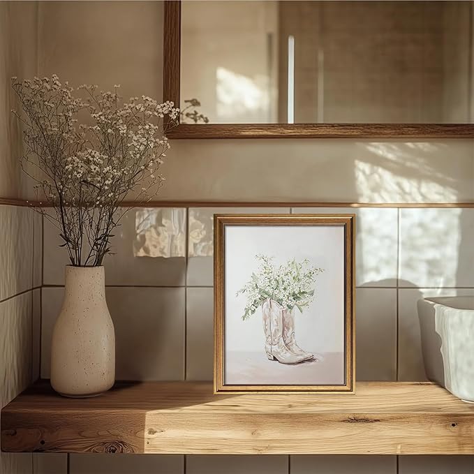 Vintage Framed Floral Cowgirl Boots Canvas Wall Art Preppy Western Flowers Printing Aesthetic Wall Decor for Living Room Bedroom Apartment (16L''x12W'')