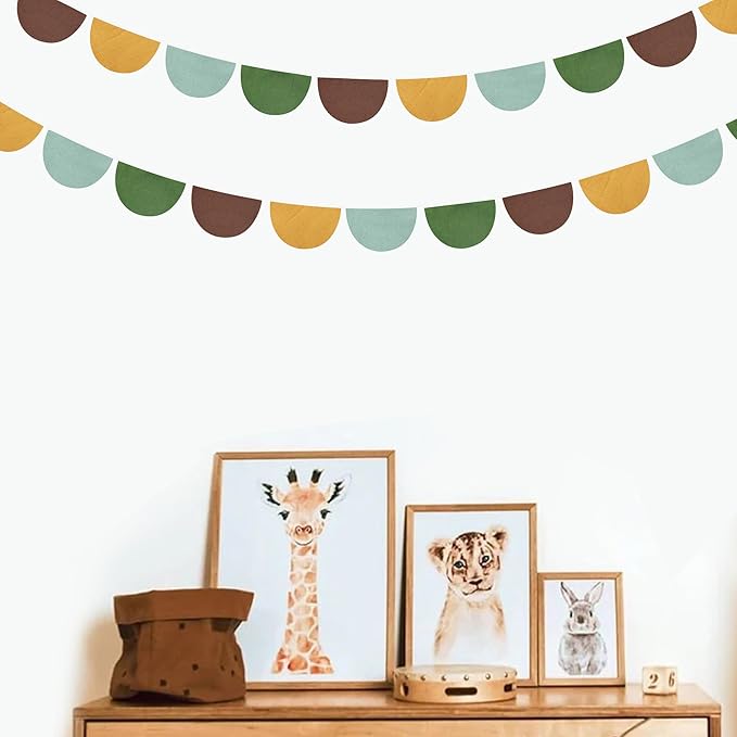 2 Sets of Yellow Green Brown Half Round Banner 24Pcs Nursery Garland Flags Fabric Semicircle Streamers for Kids Jungle Safari Woodland Camping Birthday Baby Shower Party Decorations Baby Room Decor