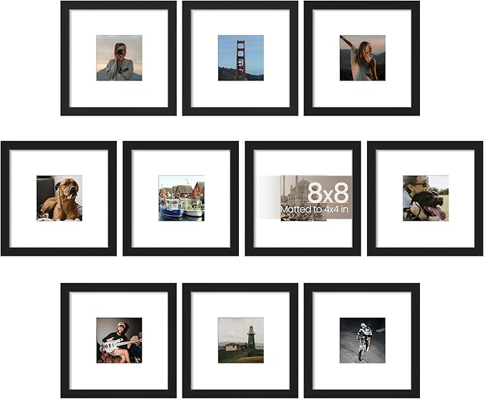 upsimples 8x8 Picture Frame Set of 10, Display Pictures 4x4 with Mat or 8x8 Without, Multi Photo Frames Collage for Wall or Tabletop Display, Black