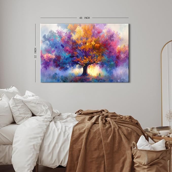 Colourful Tree of Life Wall Art Prints Tree Landscape Canvas Pictures Wall Decor Abstract Floral Trees Paintings Modern Minimalist Aesthetic Artwork for Living Room Bedroom Home Decoration 32x48"