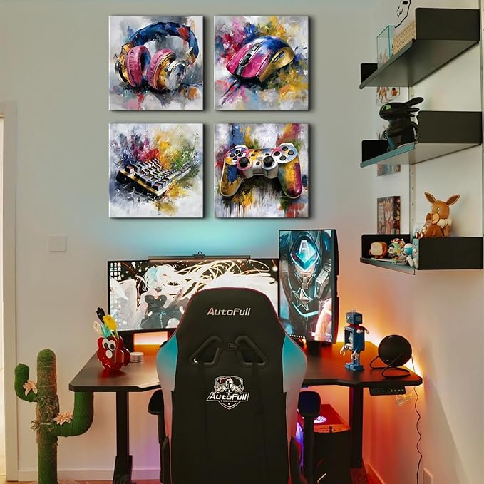 Graffiti Gaming Wall Art Colorful Gamer Wall Decor Abstract Video Game Controller Headphones Pictures Canvas Print Street Pop Painting Cool Artwork Teen Boys Bedroom Playroom Home Decoration 12x12” 4P